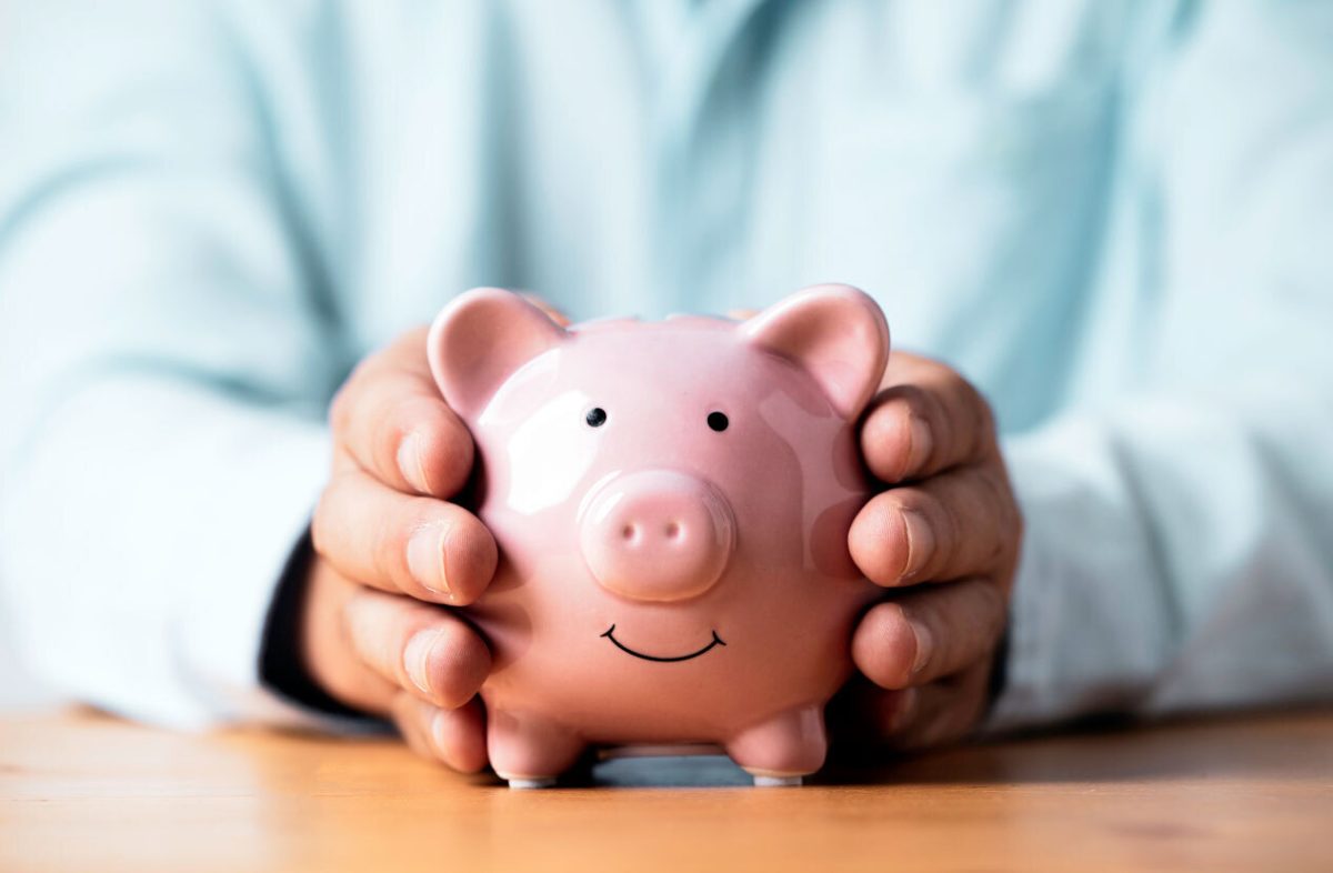 hands holding a pink piggy bank